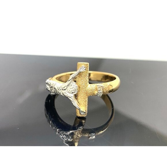 Crucifix Ring Diamond INR Jesus Cross 14k Yellow Gold Estate Jewelry Size 8.25 - Picture 1 of 14